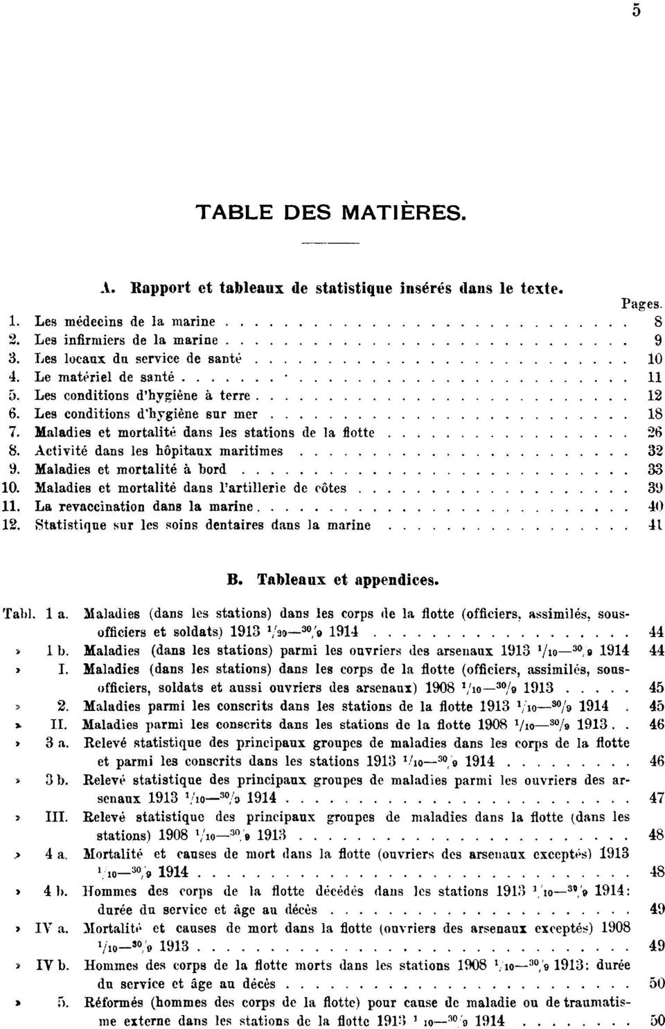 Activité dans les hôpitaux maritimes 32 9. Maladies et mortalité à bord 33 10. Maladies et mortalité dans l'artillerie de côtes 39 11. La revaccination dans la marine 40 12.