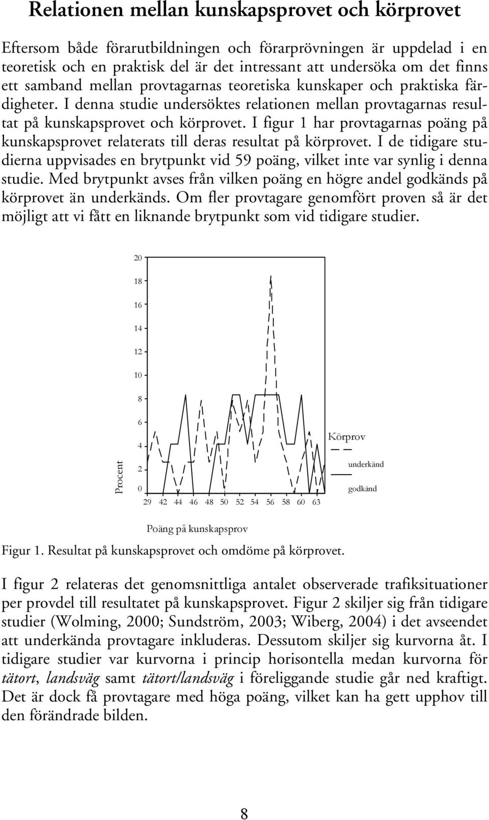 I figur 1 har provtagarnas poäng på kunskapsprovet relaterats till deras resultat på körprovet. I de tidigare studierna uppvisades en brytpunkt vid 59 poäng, vilket inte var synlig i denna studie.