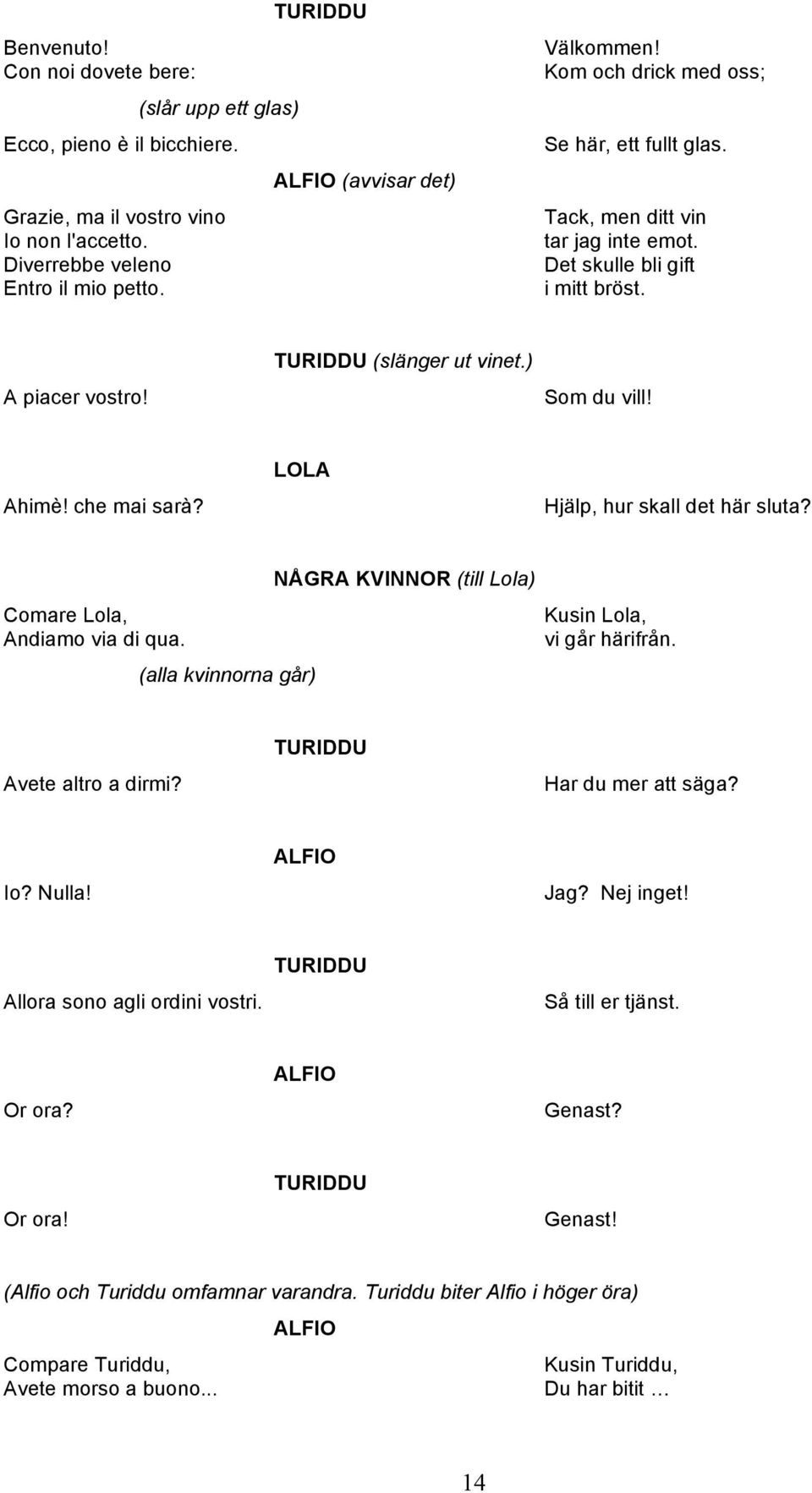 LOLA Hjälp, hur skall det här sluta? NÅGRA KVINNOR (till Lola) Comare Lola, Andiamo via di qua. (alla kvinnorna går) Kusin Lola, vi går härifrån. Avete altro a dirmi? Har du mer att säga? Io? Nulla!