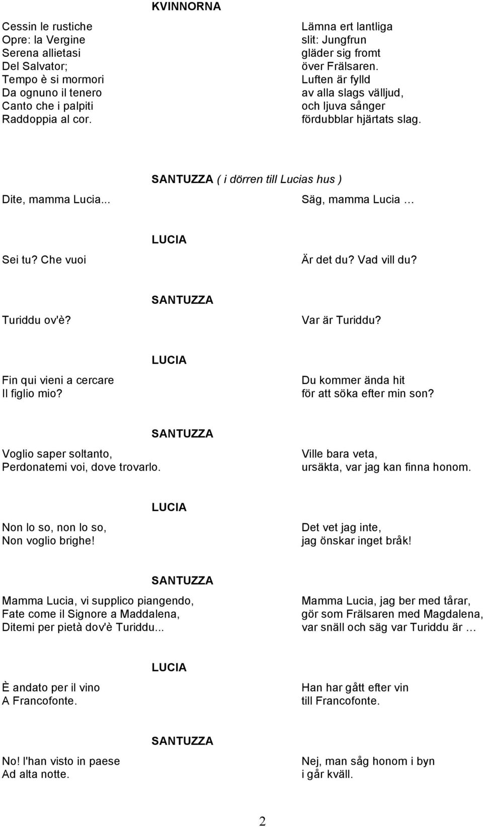 .. ( i dörren till Lucias hus ) Säg, mamma Lucia Sei tu? Che vuoi Är det du? Vad vill du? Turiddu ov'è? Var är Turiddu? Fin qui vieni a cercare Il figlio mio?