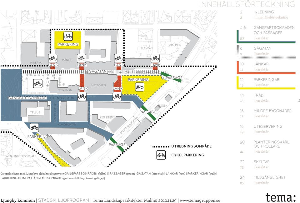 JOHANSSONS GATA MÅNEN KUNGSGATAN GÅGATAN LILLA BRYGGAREGRÄND METEOREN KOMETEN PASSAGE PARKERING PASSAGE DROTTNINGGATAN PASSAGE UTREDNINGSOMRÅDE CYKELPARKERING Översiktskarta med Ljungbys olika