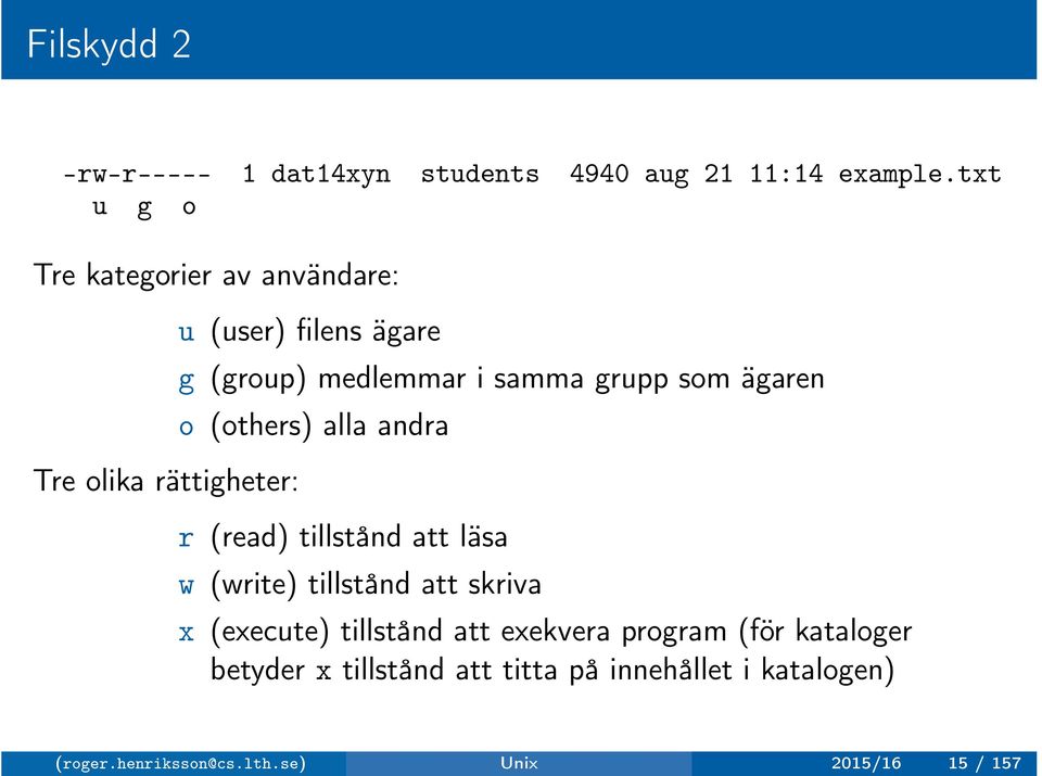 samma grupp som ägaren o (others) alla andra r (read) tillstånd att läsa w (write) tillstånd att skriva x