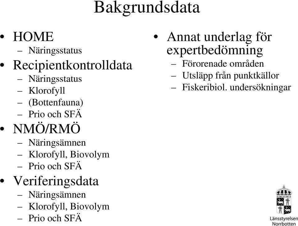 Veriferingsdata Näringsämnen Klorofyll, Biovolym Prio och SFÄ Annat underlag för