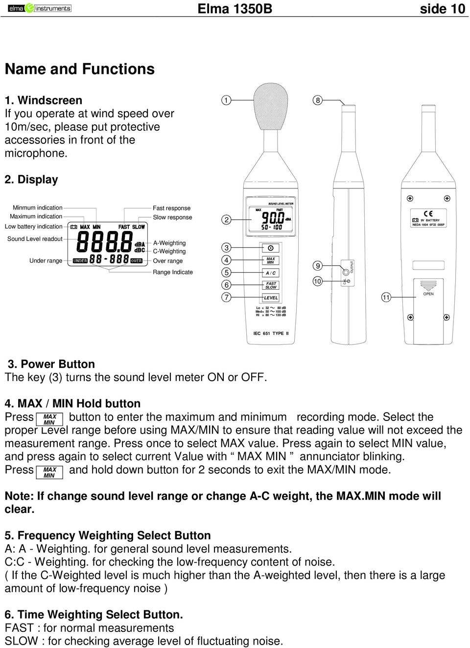 Range Indicate 3 4 5 6 MAX MIN A / C FAST SLOW 9 10 CAL OUTPUT 7 LEVEL 11 OPEN Lo = 32 Med= 50 Hi = 80 80 db 100 db 130 db IEC 651 TYPE II 3.