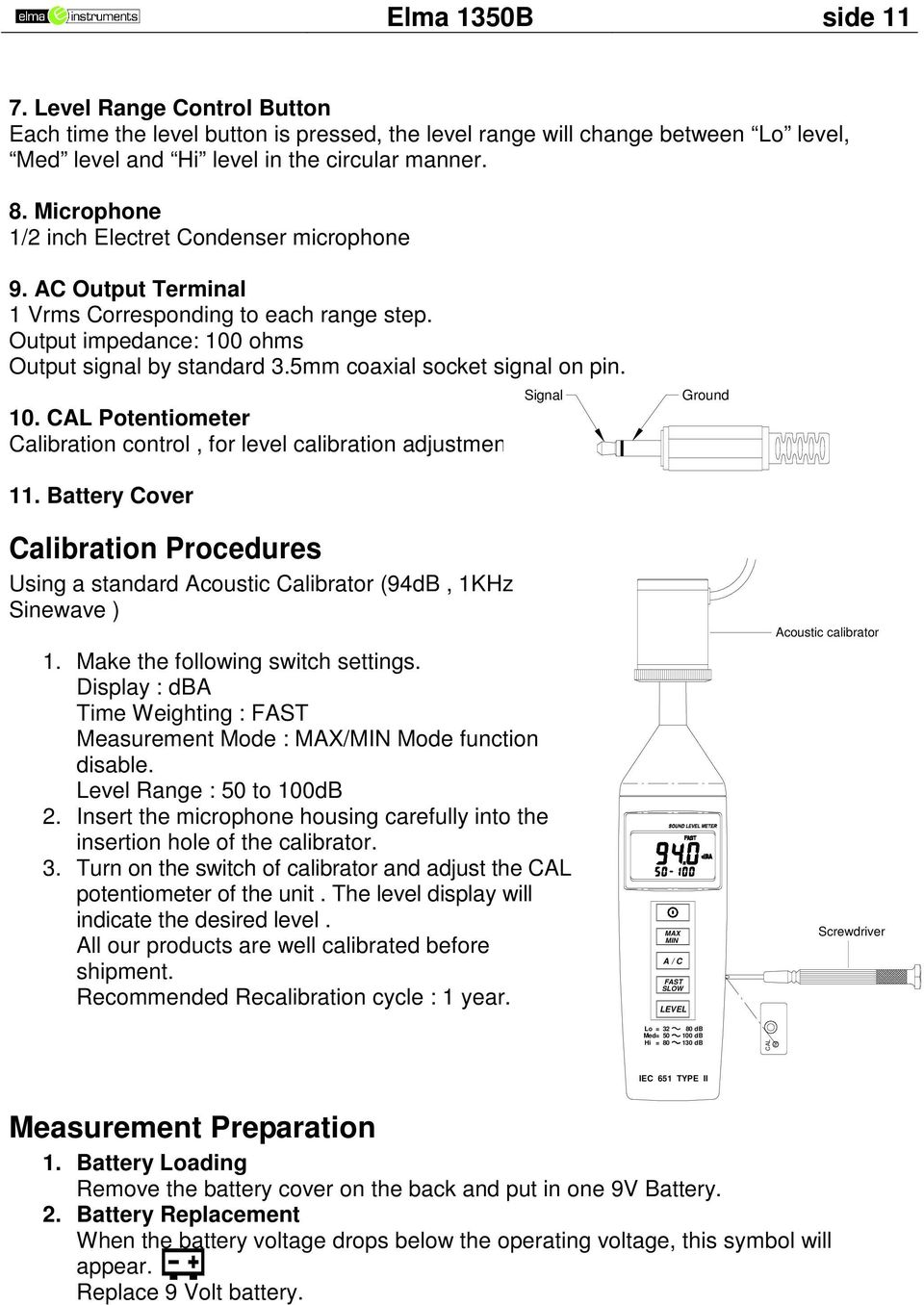 5mm coaxial socket signal on pin. 10. CAL Potentiometer Calibration control, for level calibration adjustment. Signal Ground 11.