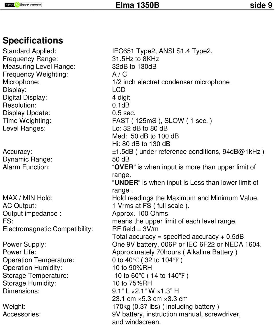 1dB Display Update: 0.5 sec. Time Weighting: FAST ( 125mS ), SLOW ( 1 sec. ) Level Ranges: Lo: 32 db to 80 db Med: 50 db to 100 db Hi: 80 db to 130 db Accuracy: ±1.