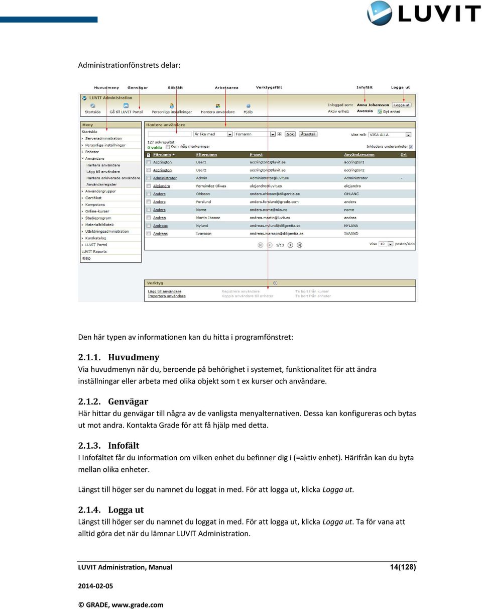 1.2. Genvägar Här hittar du genvägar till några av de vanligsta menyalternativen. Dessa kan konfigureras och bytas ut mot andra. Kontakta Grade för att få hjälp med detta. 2.1.3.