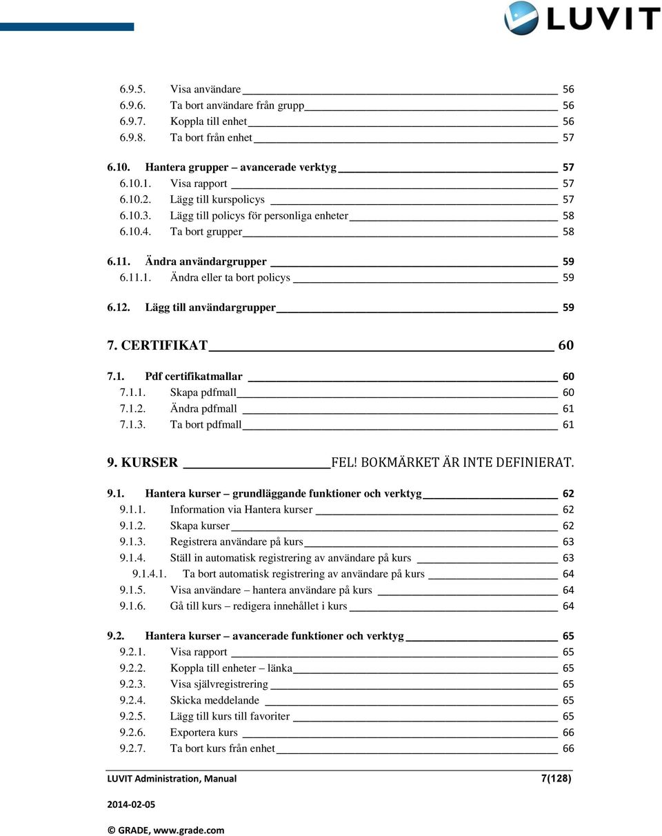 Lägg till användargrupper 59 7. CERTIFIKAT 60 7.1. Pdf certifikatmallar 60 7.1.1. Skapa pdfmall 60 7.1.2. Ändra pdfmall 61 7.1.3. Ta bort pdfmall 61 9. KURSER FEL! BOKMÄRKET ÄR INTE DEFINIERAT. 9.1. Hantera kurser grundläggande funktioner och verktyg 62 9.