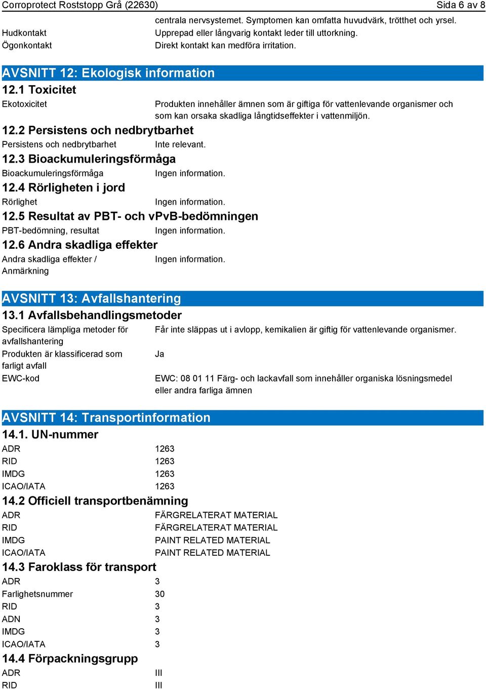 5 Resultat av PBT- och vpvb-bedömningen PBT-bedömning, resultat 12.6 Andra skadliga effekter Andra skadliga effekter / Anmärkning AVSNITT 13: Avfallshantering 13.