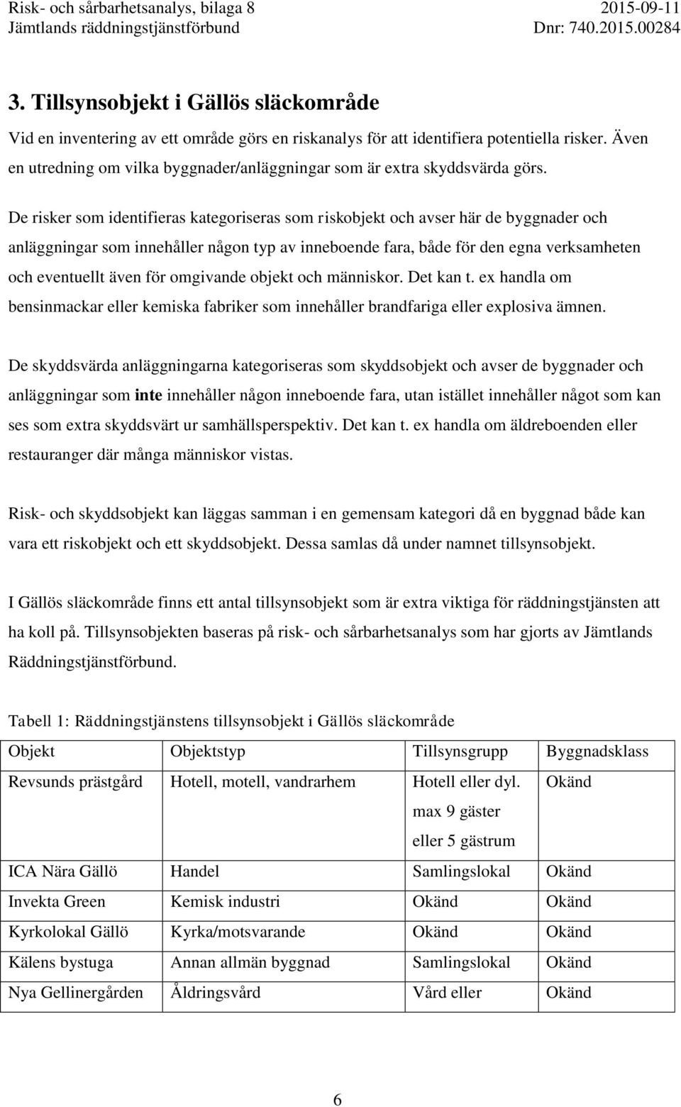 De risker som identifieras kategoriseras som riskobjekt och avser här de byggnader och anläggningar som innehåller någon typ av inneboende fara, både för den egna verksamheten och eventuellt även för