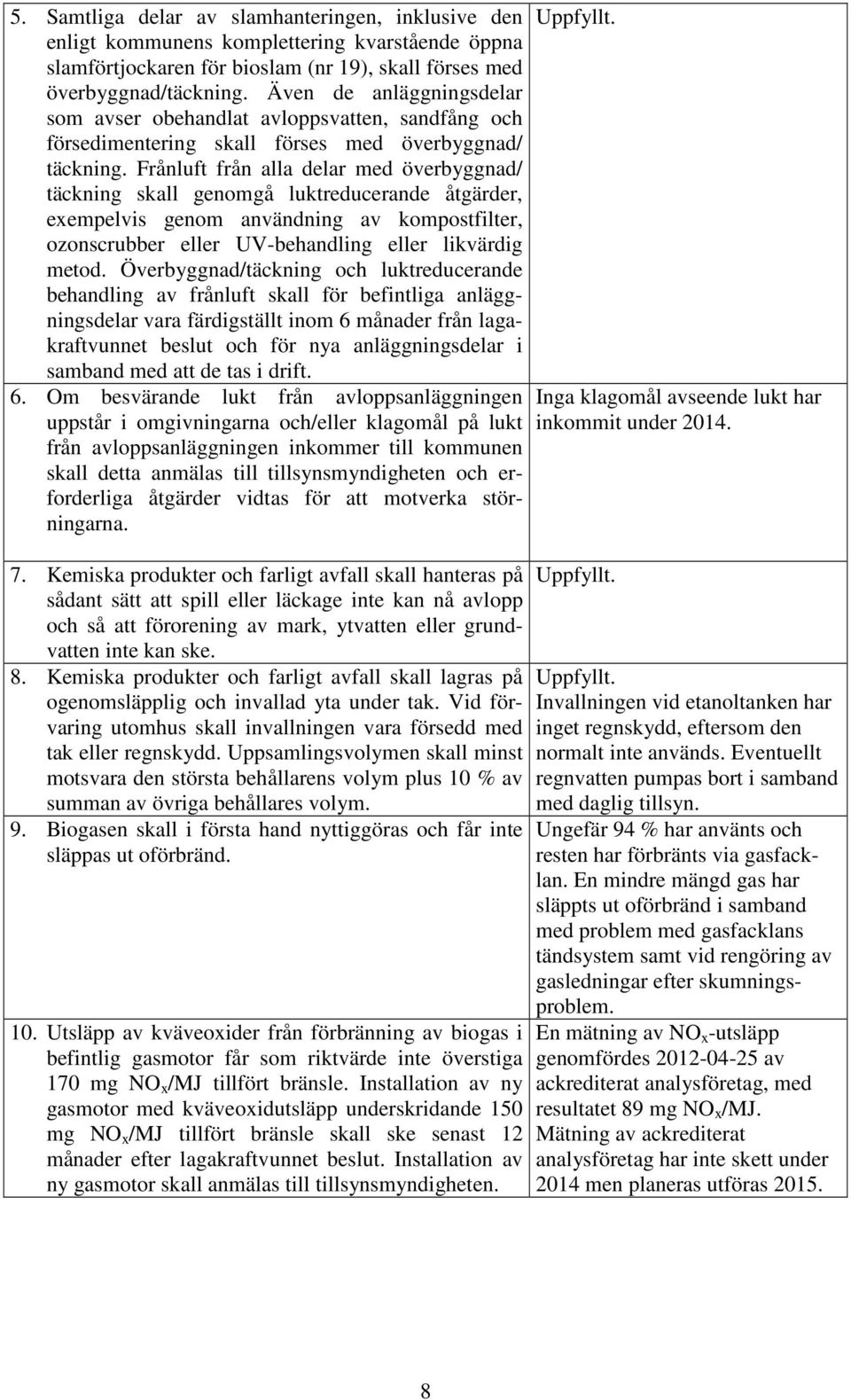 Frånluft från alla delar med överbyggnad/ täckning skall genomgå luktreducerande åtgärder, exempelvis genom användning av kompostfilter, ozonscrubber eller UV-behandling eller likvärdig metod.