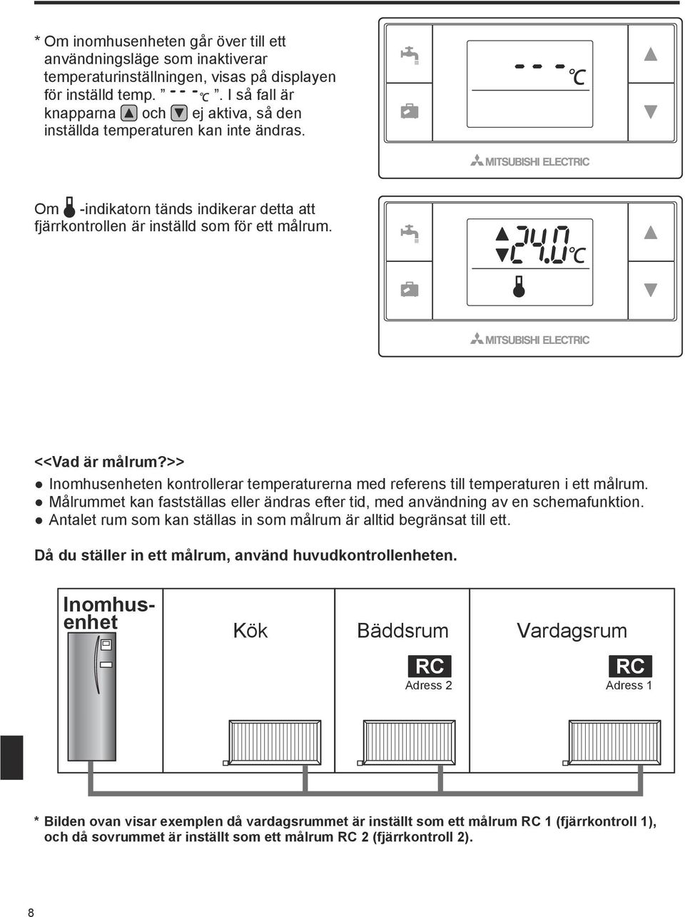 >> Inomhusenheten kontrollerar temperaturerna med referens till temperaturen i ett målrum. Målrummet kan fastställas eller ändras efter tid, med användning av en schemafunktion.