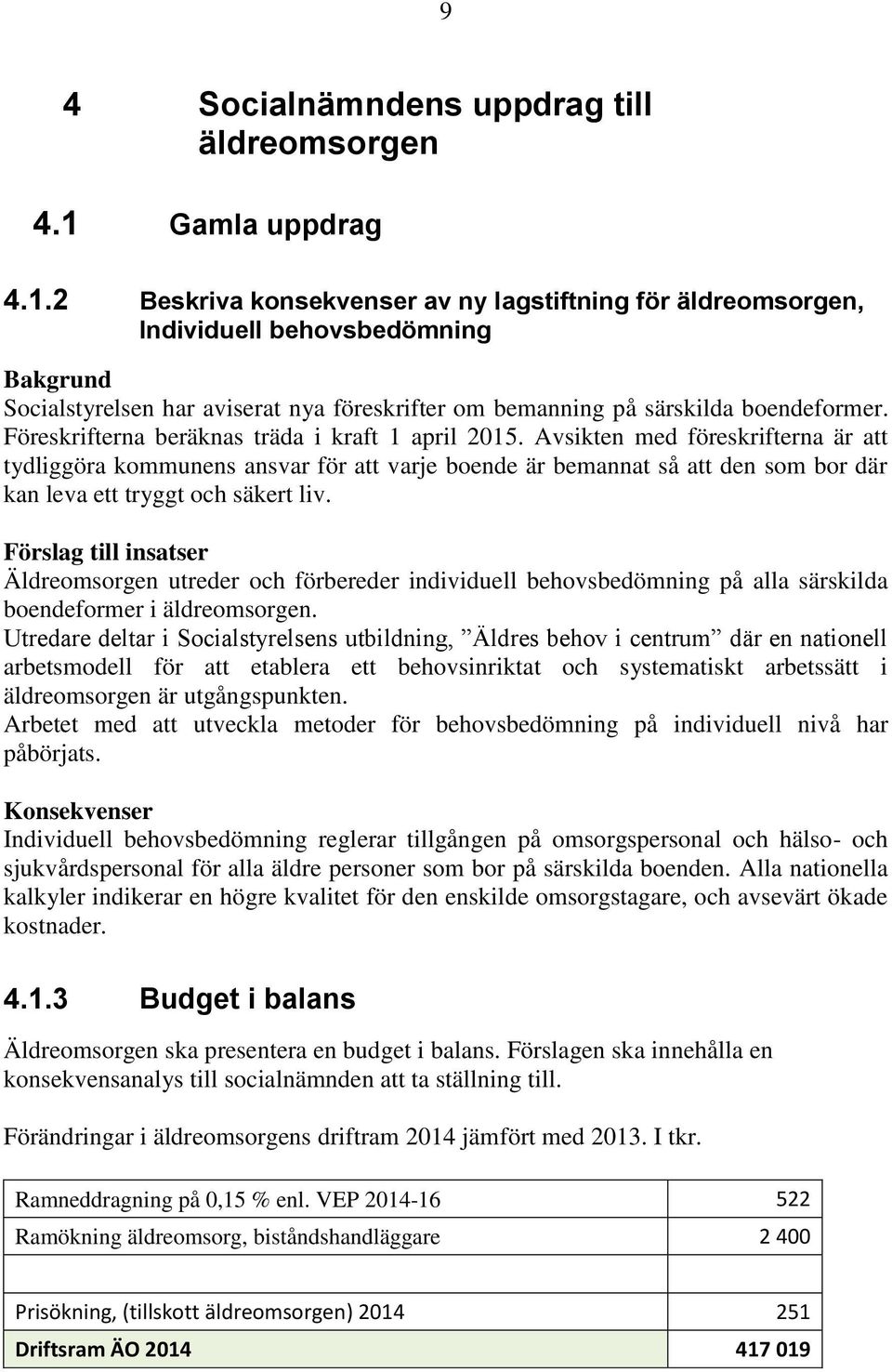 2 Beskriva konsekvenser av ny lagstiftning för äldreomsorgen, Individuell behovsbedömning Bakgrund Socialstyrelsen har aviserat nya föreskrifter om bemanning på särskilda boendeformer.