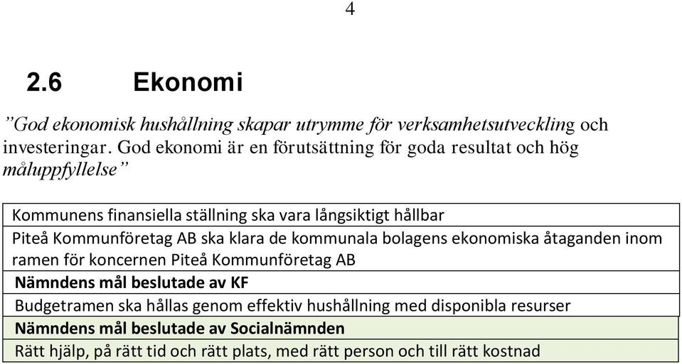 Kommunföretag AB ska klara de kommunala bolagens ekonomiska åtaganden inom ramen för koncernen Piteå Kommunföretag AB Nämndens mål beslutade av