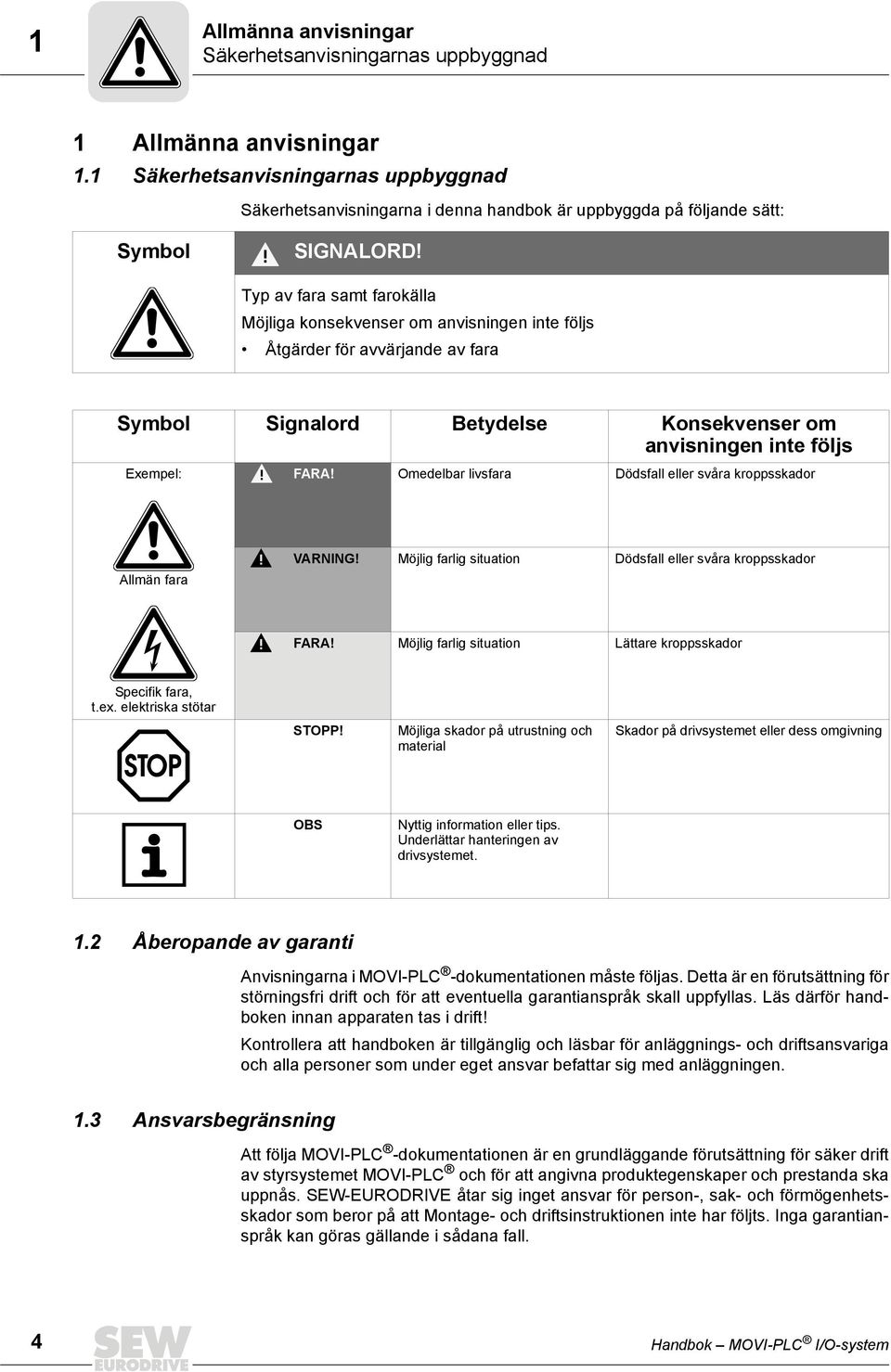 Omedelbar livsfara Dödsfall eller svåra kroppsskador Allmän fara VARNING! Möjlig farlig situation Dödsfall eller svåra kroppsskador FARA! Möjlig farlig situation Lättare kroppsskador Specifik fara, t.