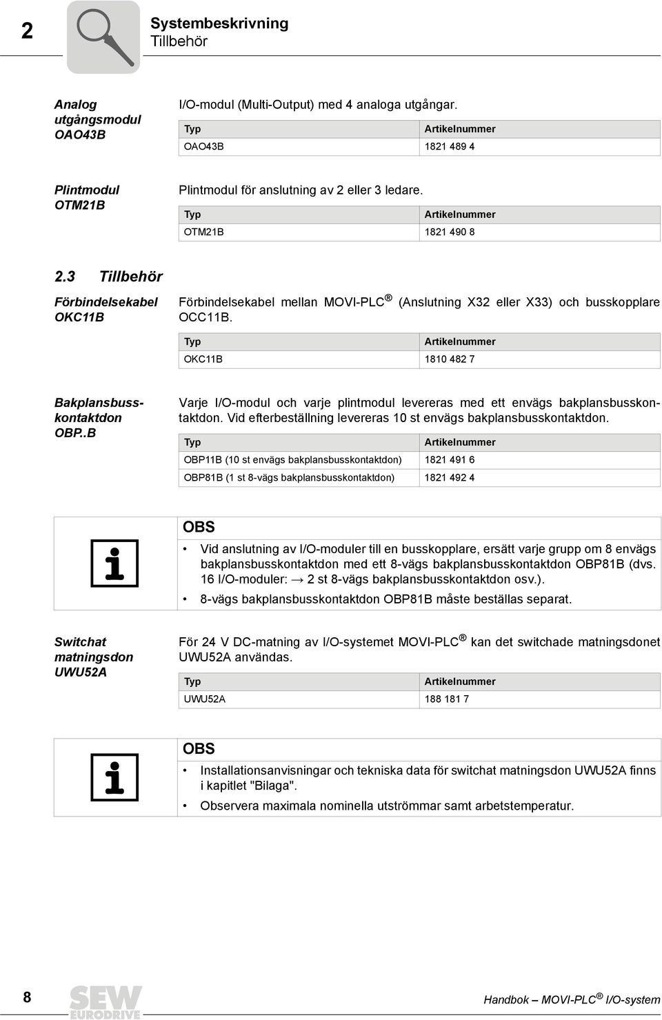 .B Varje I/O-modul och varje plintmodul levereras med ett envägs bakplansbusskontaktdon. Vid efterbeställning levereras 0 st envägs bakplansbusskontaktdon.