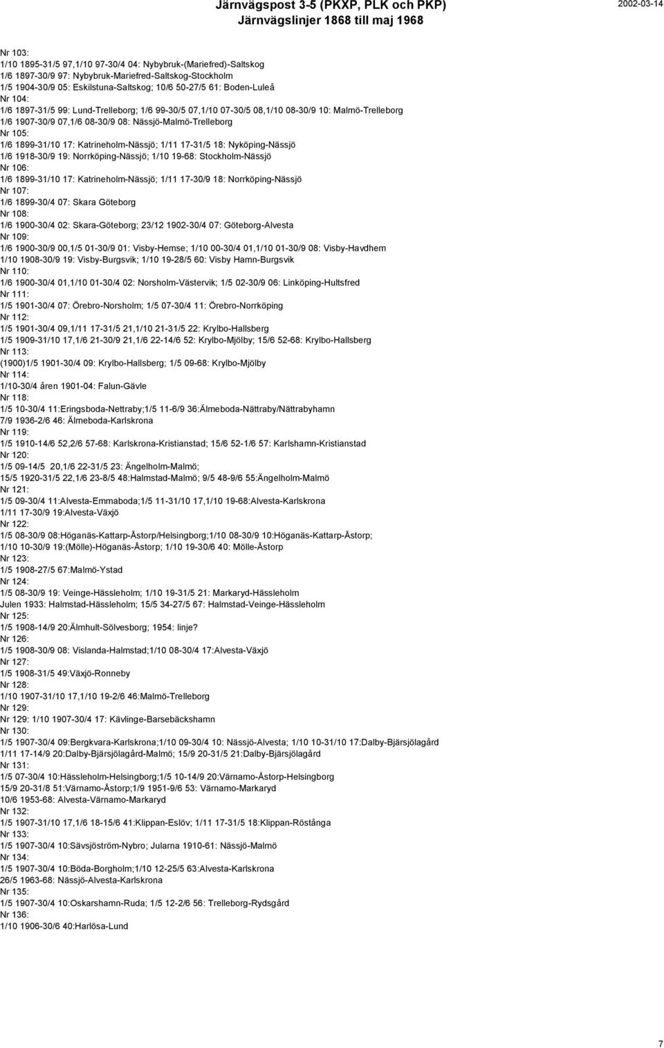 Katrineholm-Nässjö; 1/11 17-31/5 18: Nyköping-Nässjö 1/6 1918-30/9 19: Norrköping-Nässjö; 1/10 19-68: Stockholm-Nässjö Nr 106: 1/6 1899-31/10 17: Katrineholm-Nässjö; 1/11 17-30/9 18: