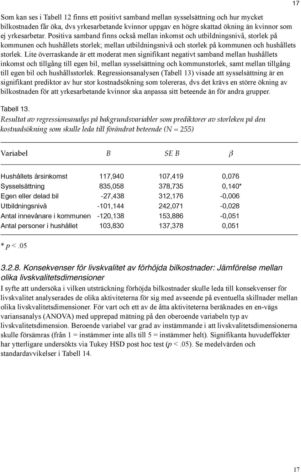 Lite överraskande är ett moderat men signifikant negativt samband mellan hushållets inkomst och tillgång till egen bil, mellan sysselsättning och kommunstorlek, samt mellan tillgång till egen bil och