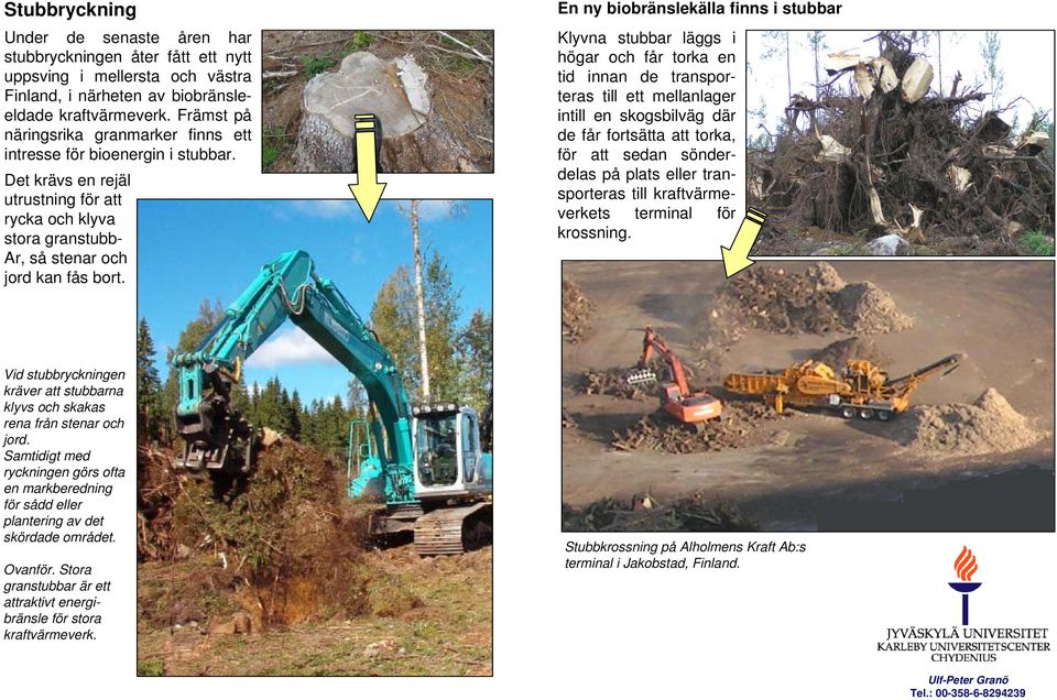 En ny biobränslekälla finns i stubbar Klyvna stubbar läggs i högar och får torka en tid innan de transporteras till ett mellanlager intill en skogsbilväg där de får fortsätta att torka, för att sedan