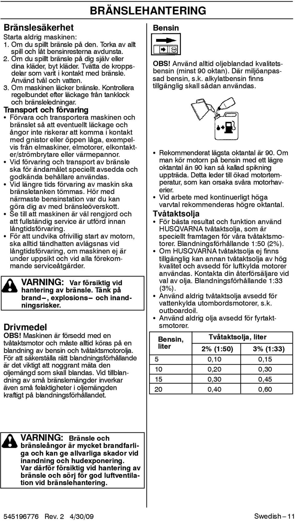 Kontrollera regelbundet efter läckage från tanklock och bränsleledningar.