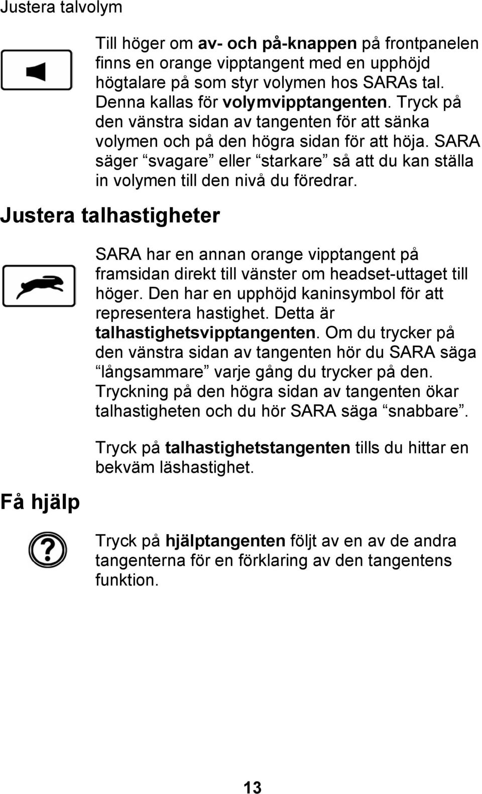 Justera talhastigheter SARA har en annan orange vipptangent på framsidan direkt till vänster om headset-uttaget till höger. Den har en upphöjd kaninsymbol för att representera hastighet.