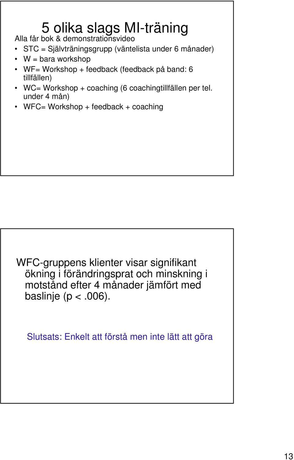 tel. under 4 mån) WFC= Workshop + feedback + coaching WFC-gruppens klienter visar signifikant ökning i förändringsprat