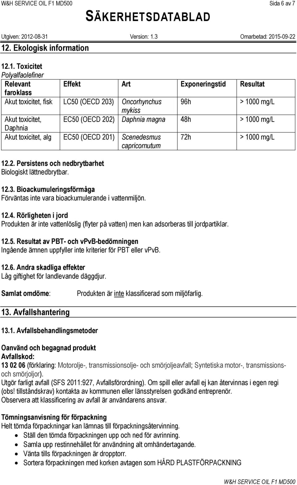 .1. Toxicitet Polyalfaolefiner Relevant Effekt Art Exponeringstid Resultat faroklass Akut toxicitet, fisk LC50 (OECD 203) Oncorhynchus 96h > 1000 mg/l mykiss Akut toxicitet, EC50 (OECD 202) Daphnia