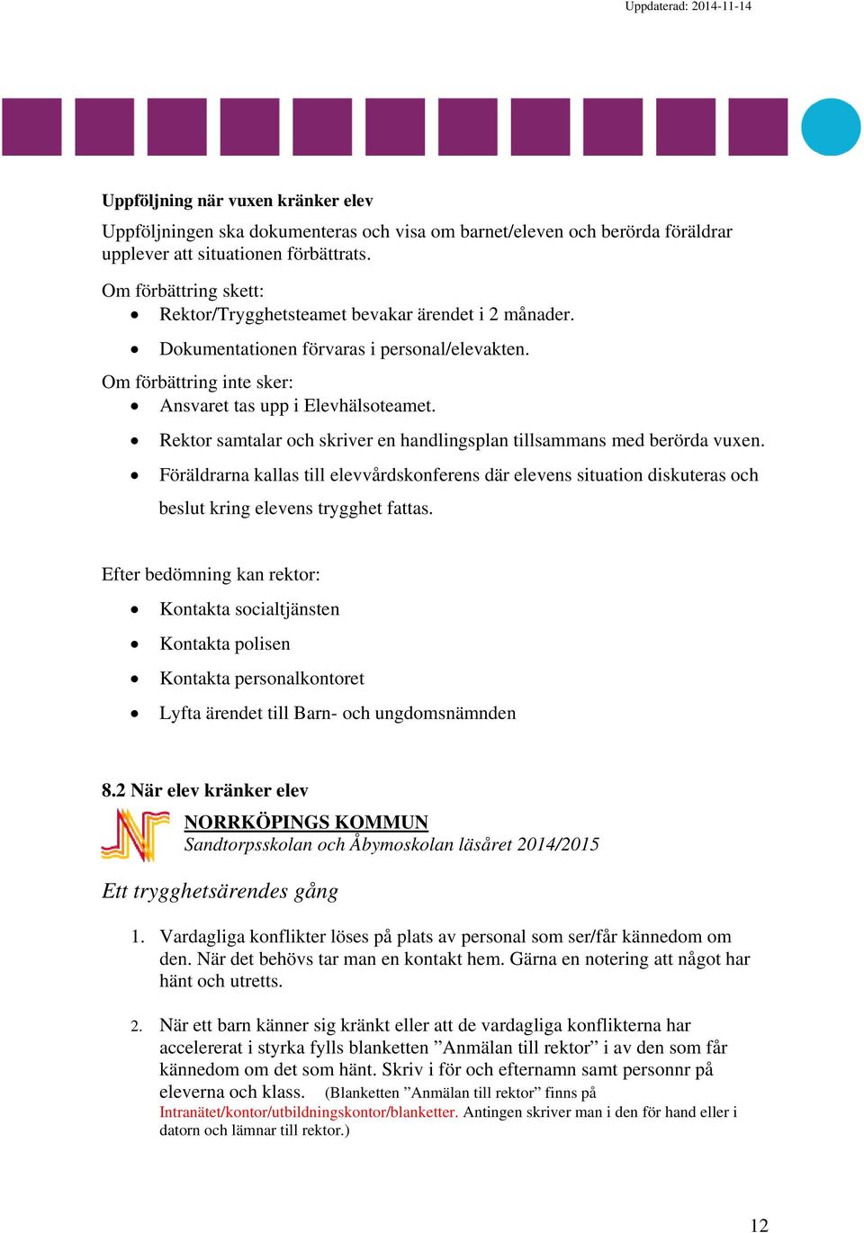 Rektor samtalar och skriver en handlingsplan tillsammans med berörda vuxen. Föräldrarna kallas till elevvårdskonferens där elevens situation diskuteras och beslut kring elevens trygghet fattas.