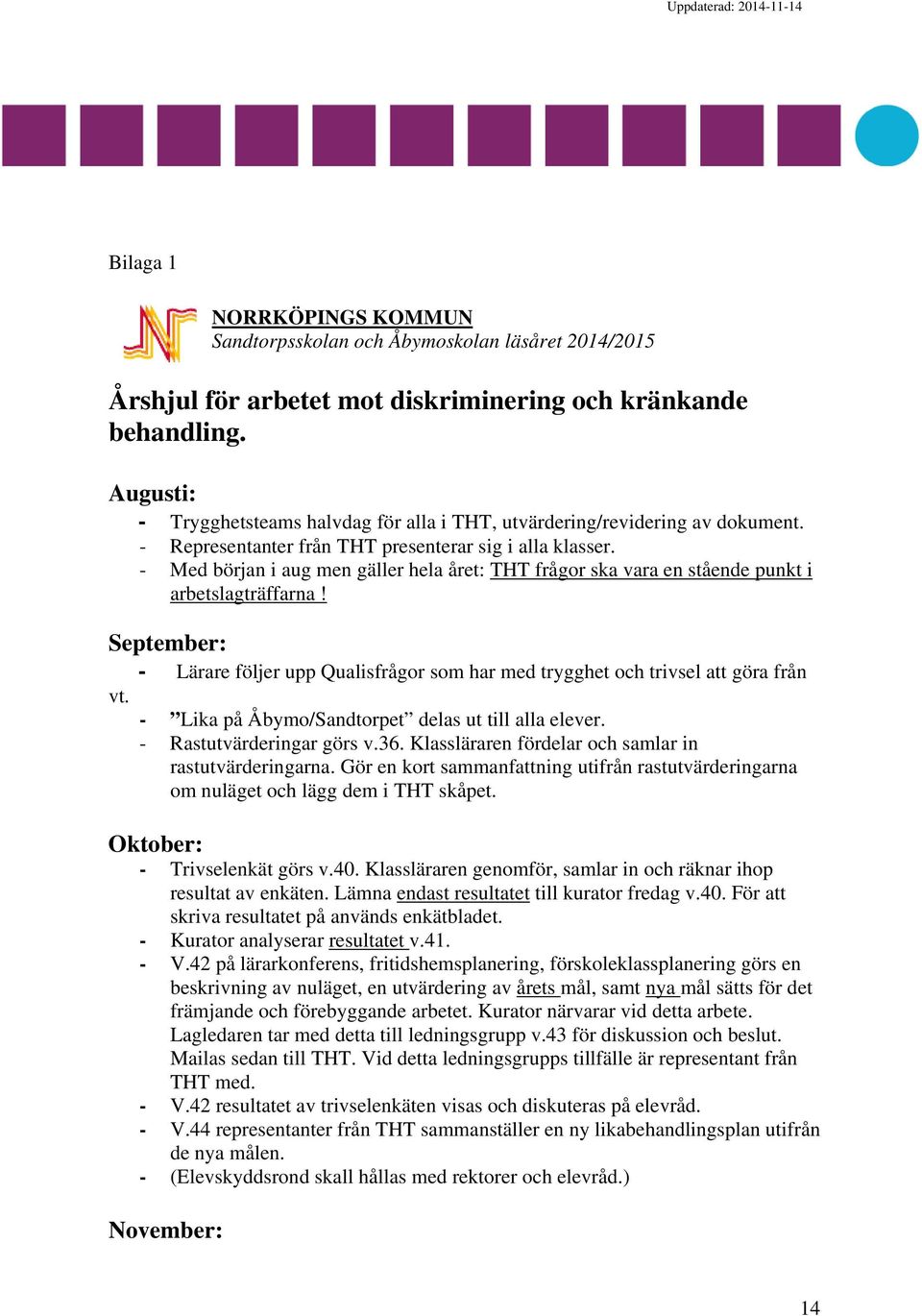 - Med början i aug men gäller hela året: THT frågor ska vara en stående punkt i arbetslagträffarna! September: - Lärare följer upp Qualisfrågor som har med trygghet och trivsel att göra från vt.