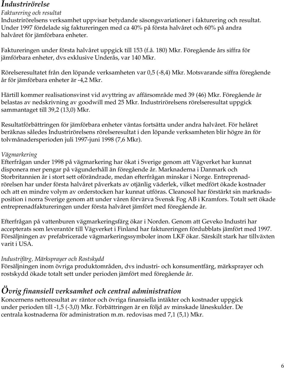 Föregående års siffra för jämförbara enheter, dvs exklusive Underås, var 140 Mkr. Rörelseresultatet från den löpande verksamheten var 0,5 (-8,4) Mkr.