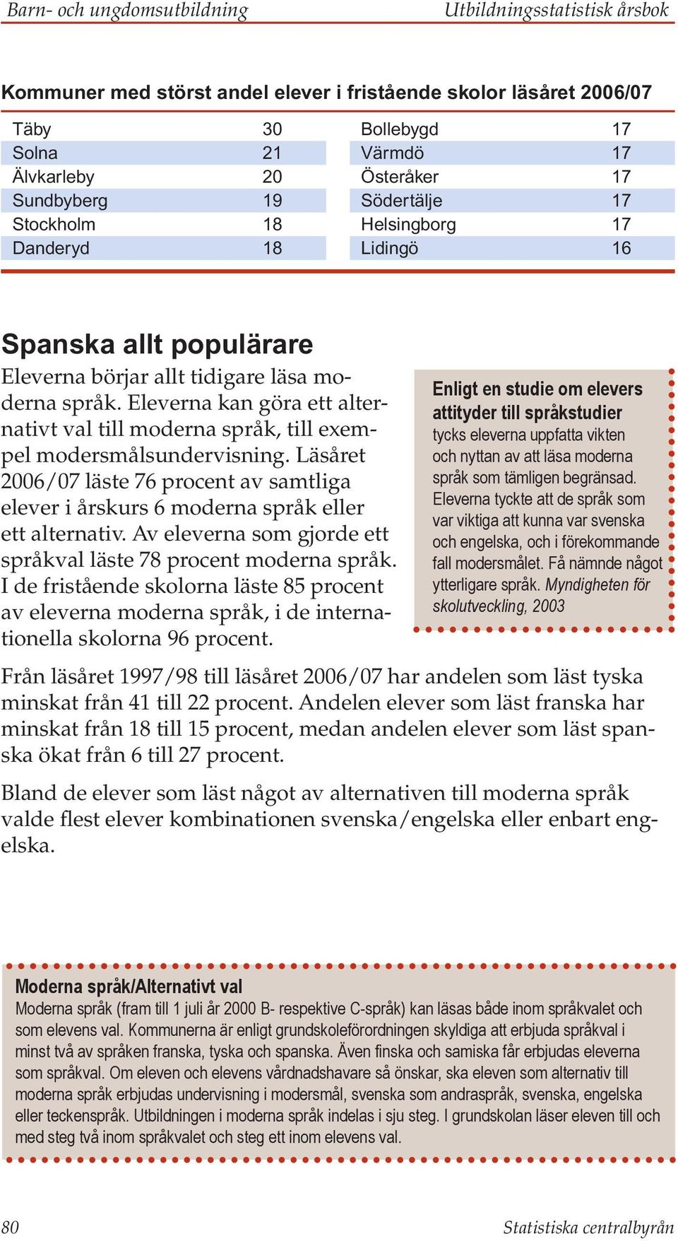 Eleverna kan göra ett alternativt val till moderna språk, till exempel modersmålsundervisning. Läsåret 2006/07 läste 76 procent av samtliga elever i årskurs 6 moderna språk eller ett alternativ.