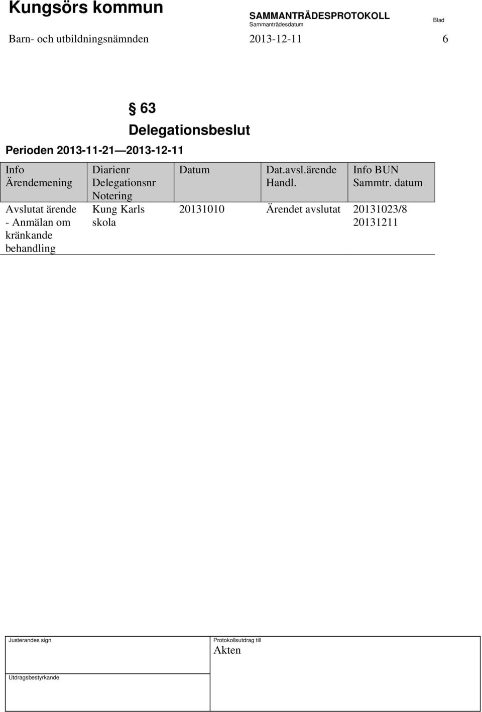 ärende - Anmälan om kränkande behandling Notering Kung Karls skola