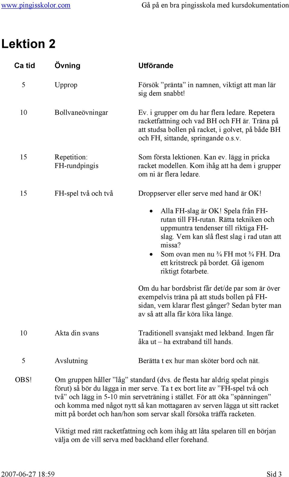 Kom ihåg att ha dem i grupper om ni är flera ledare. 15 FH-spel två och två Droppserver eller serve med hand är OK! Alla FH-slag är OK! Spela från FHrutan till FH-rutan.