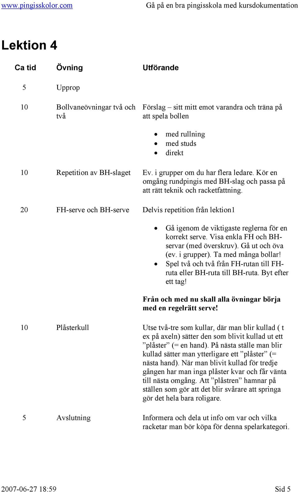 Visa enkla FH och BHservar (med överskruv). Gå ut och öva (ev. i grupper). Ta med många bollar! Spel två och två från FH-rutan till FHruta eller BH-ruta till BH-ruta. Byt efter ett tag!