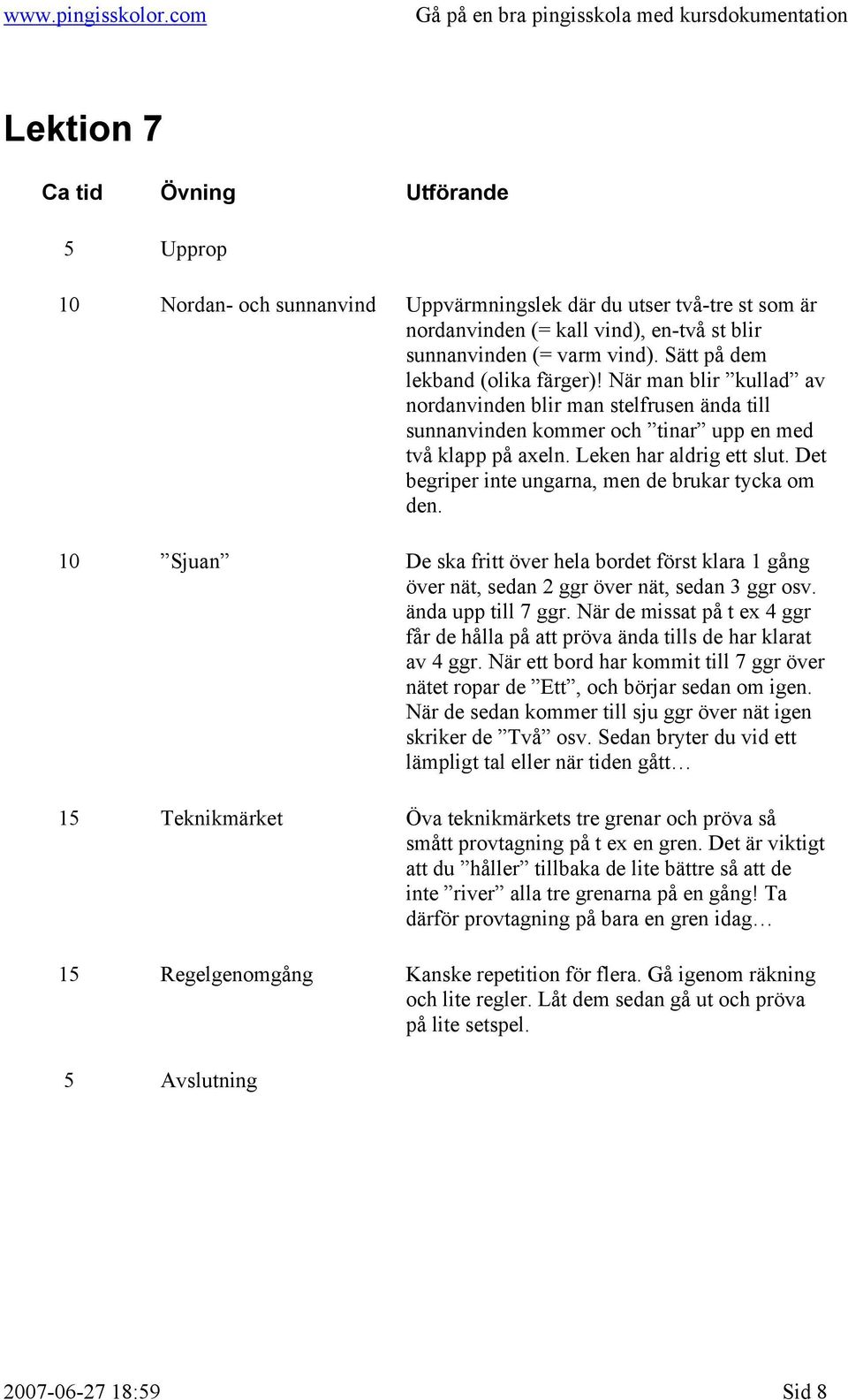 Det begriper inte ungarna, men de brukar tycka om den. 10 Sjuan De ska fritt över hela bordet först klara 1 gång över nät, sedan 2 ggr över nät, sedan 3 ggr osv. ända upp till 7 ggr.