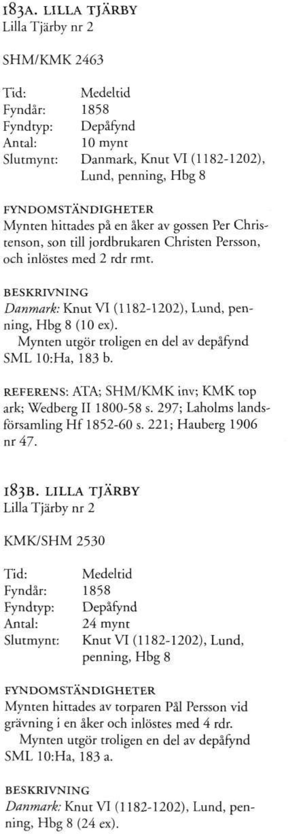 Mynten utgör troligen en del av depåfynd SML10:Ha, 183 b. REFERENS: ATA; SHM/KMK inv; KMK top ark; Wedberg II 1800-58 s. 297; Laholms landsförsamling Hf 1852-60 s. 221; Hauberg 1906 nr 47. 183B.