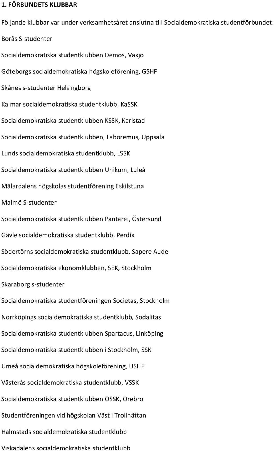 studentklubben, Laboremus, Uppsala Lunds socialdemokratiska studentklubb, LSSK Socialdemokratiska studentklubben Unikum, Luleå Mälardalens högskolas studentförening Eskilstuna Malmö S- studenter