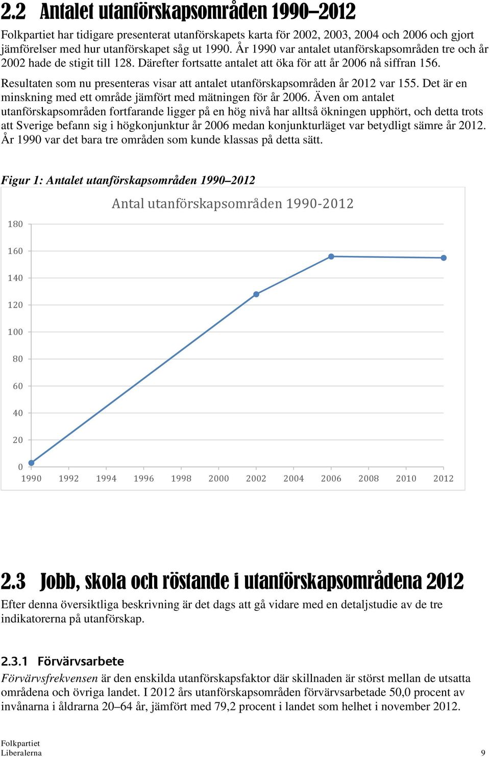 Resultaten som nu presenteras visar att antalet utanförskapsområden år 2012 var 155. Det är en minskning med ett område jämfört med mätningen för år 2006.