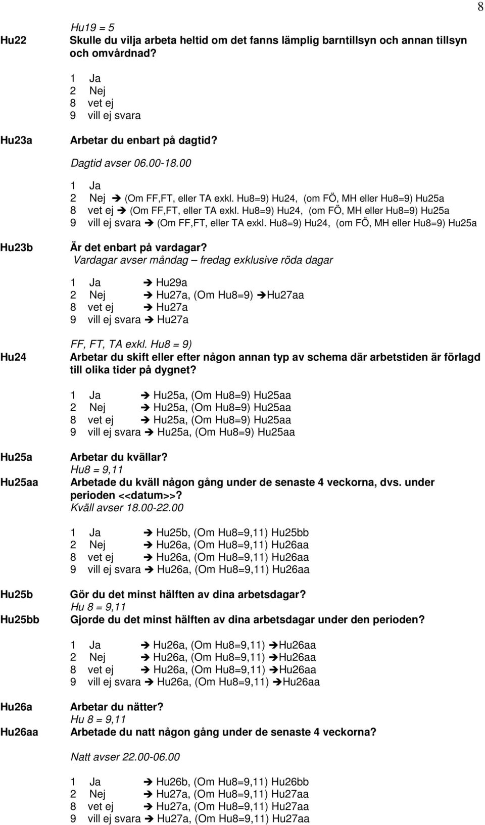 Hu8=9) Hu24, (om FÖ, MH eller Hu8=9) Hu25a Hu23b Är det enbart på vardagar? Vardagar avser måndag fredag exklusive röda dagar Hu29a Hu27a, (Om Hu8=9) Hu27aa Hu27a Hu27a Hu24 FF, FT, TA exkl.