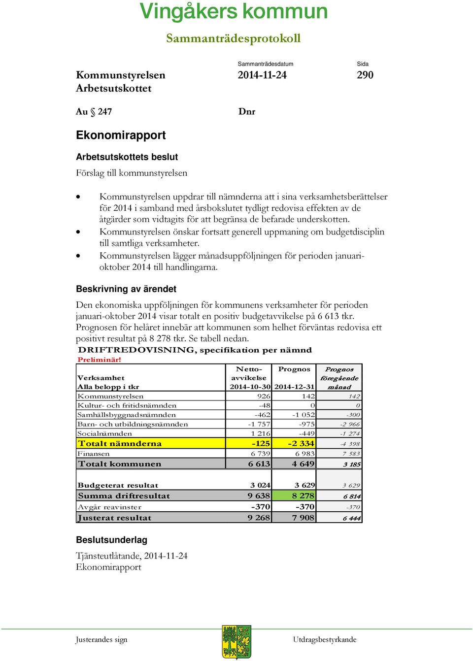 lägger månadsuppföljningen för perioden januarioktober 2014 till handlingarna.