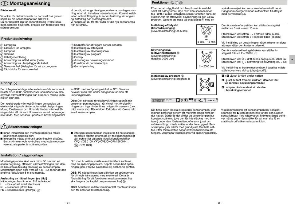 Produktbeskrivning Lampglas Låsskruv för lampglas Lamphus Stomme Kabelgenomföring Anslutning via infälld kabel (dosa) Anslutning via utanpåliggande kabel Sensor-enhet (löstagbar för val av program) 8.