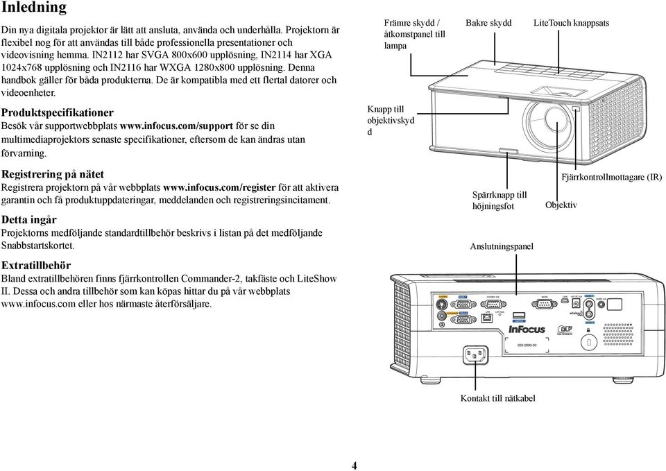 De är kompatibla med ett flertal datorer och videoenheter. Produktspecifikationer Besök vår supportwebbplats www.infocus.