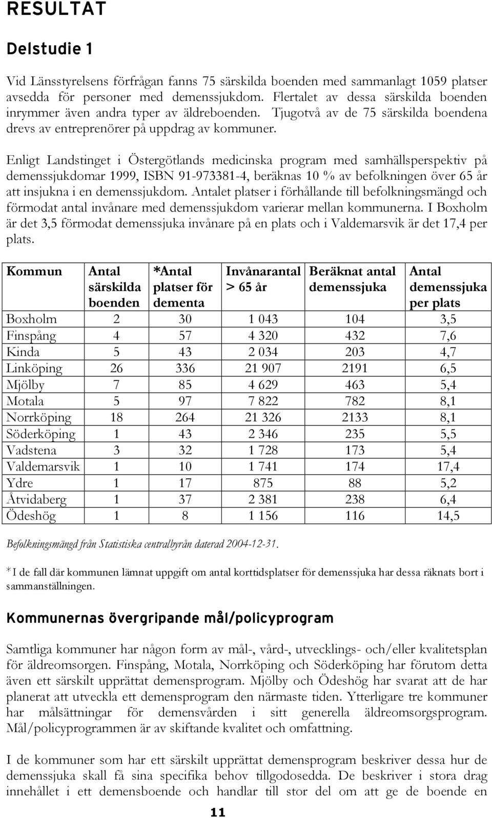 Enligt Landstinget i Östergötlands medicinska program med samhällsperspektiv på demenssjukdomar 1999, ISBN 91-973381-4, beräknas 10 % av befolkningen över 65 år att insjukna i en demenssjukdom.