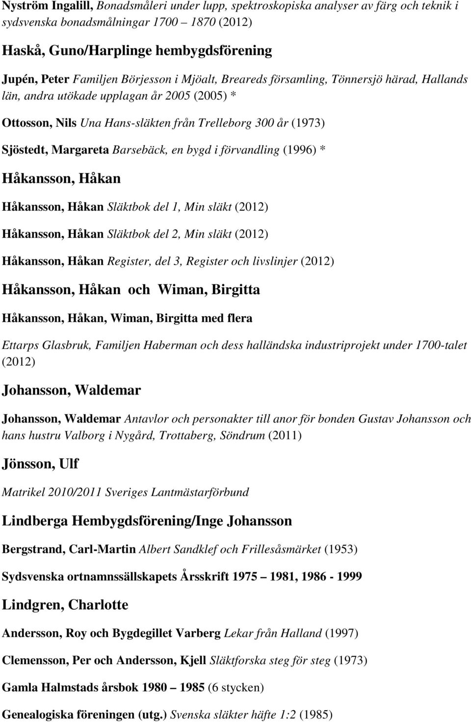 Barsebäck, en bygd i förvandling (1996) * Håkansson, Håkan Håkansson, Håkan Släktbok del 1, Min släkt (2012) Håkansson, Håkan Släktbok del 2, Min släkt (2012) Håkansson, Håkan Register, del 3,