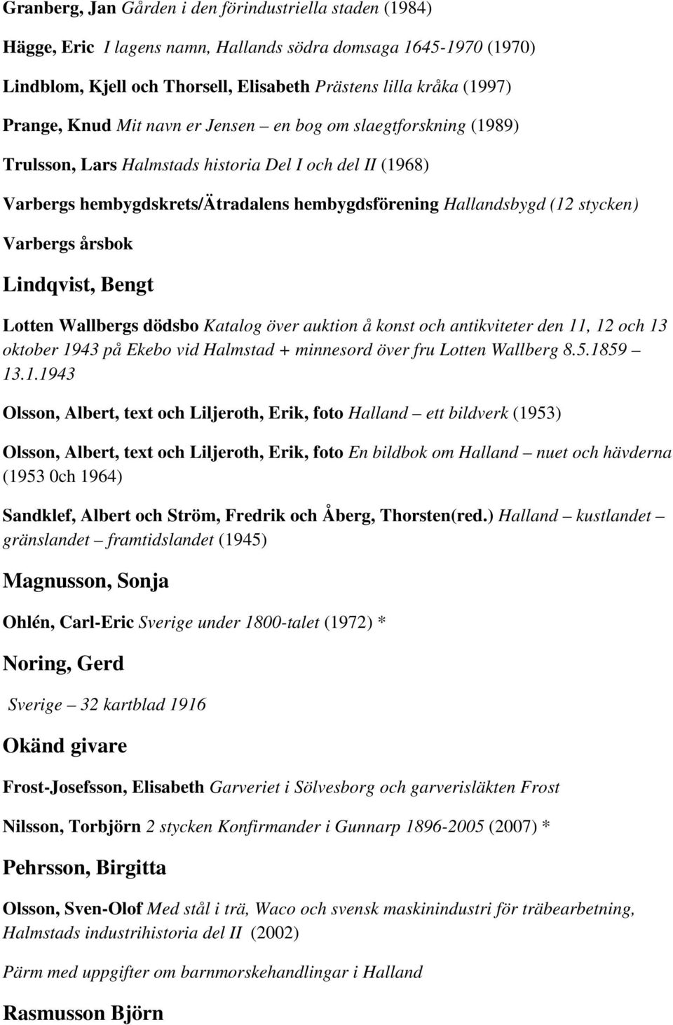 Varbergs årsbok Lindqvist, Bengt Lotten Wallbergs dödsbo Katalog över auktion å konst och antikviteter den 11, 12 och 13 oktober 1943 på Ekebo vid Halmstad + minnesord över fru Lotten Wallberg 8.5.