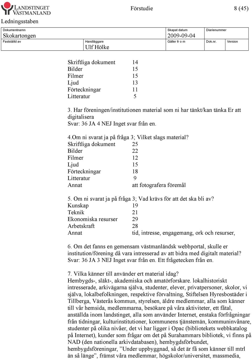 Skriftliga dokument 25 Bilder 22 Filmer 12 Ljud 15 Förteckningar 18 Litteratur 9 Annat att fotografera föremål 5. Om ni svarat ja på fråga 3; Vad krävs för att det ska bli av?