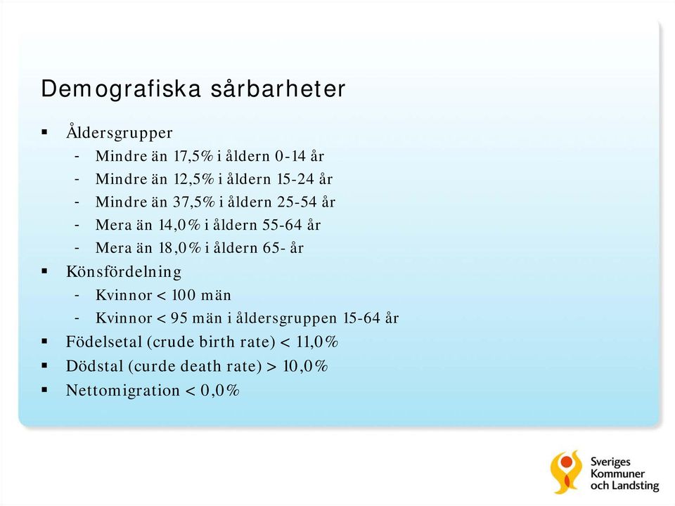 18,0% i åldern 65- år Könsfördelning - Kvinnor < 100 män - Kvinnor < 95 män i åldersgruppen