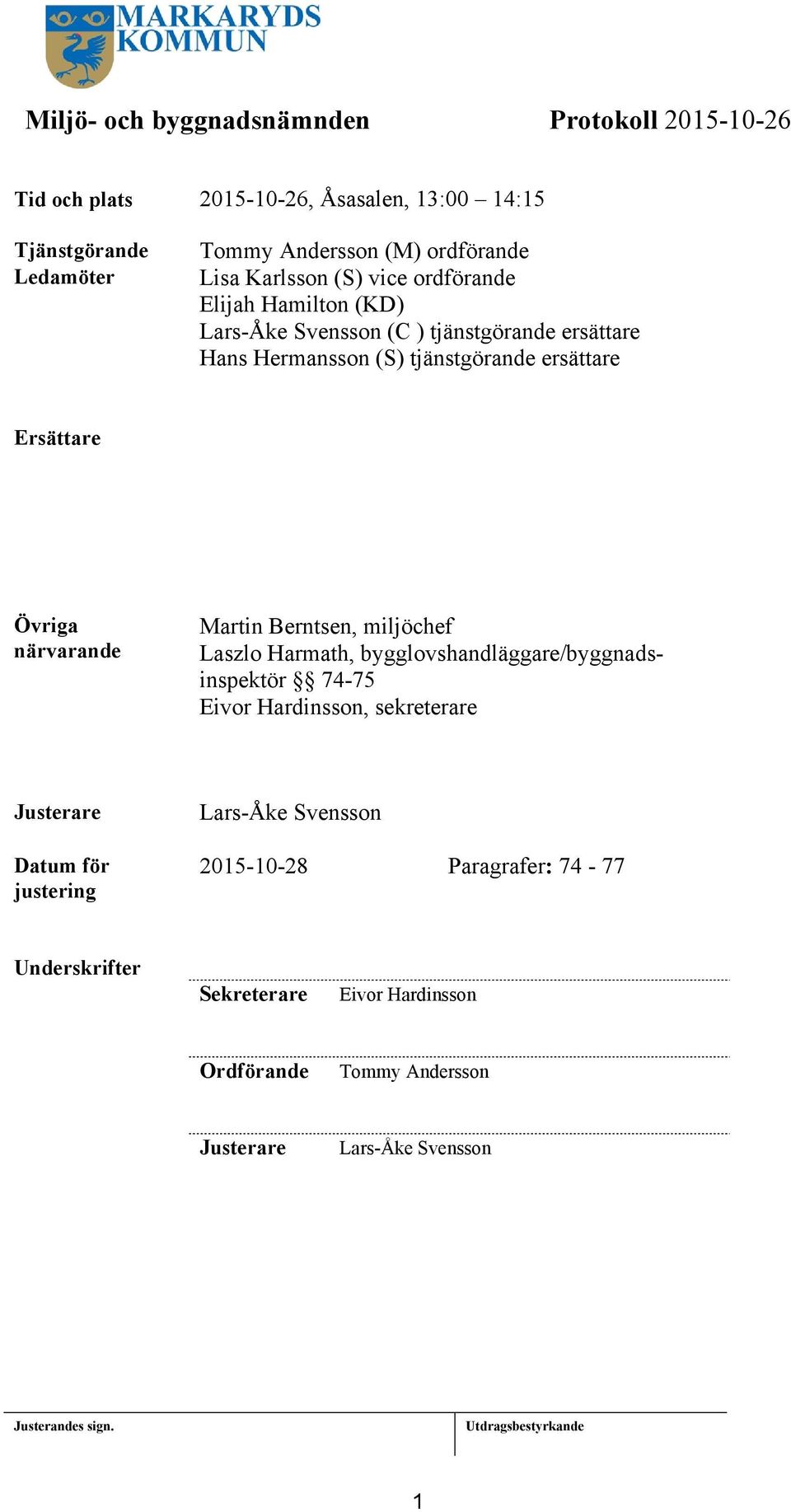 Martin Berntsen, miljöchef Laszlo Harmath, bygglovshandläggare/byggnadsinspektör 74-75 Eivor Hardinsson, sekreterare Justerare Datum för