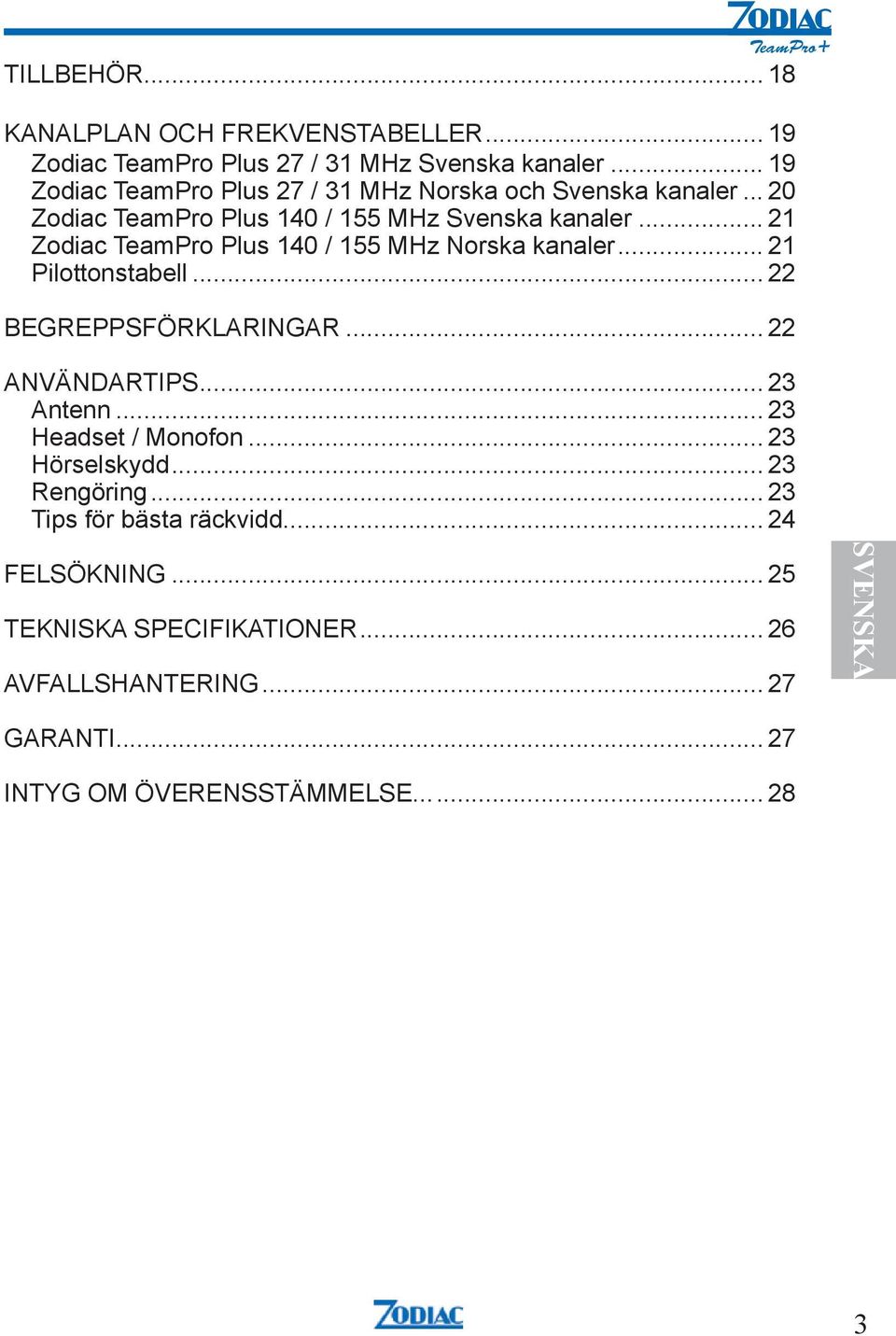 .. 21 Zodiac TeamPro Plus 140 / 155 MHz Norska kanaler... 21 Pilottonstabell... 22 BEGREPPSFÖRKLARINGAR... 22 ANVÄNDARTIPS... 23 Antenn.