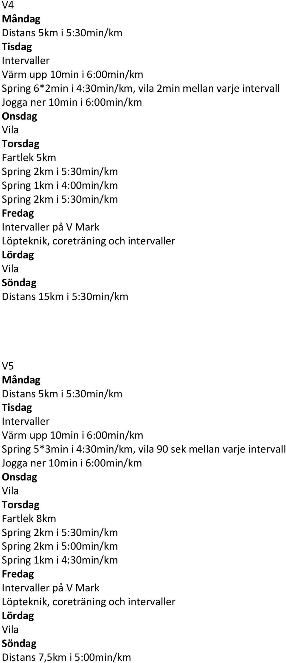 4:30min/km, vila 90 sek mellan varje intervall Fartlek 8km Spring